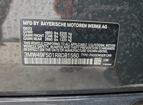 3MW49FS01R8D81560 2024 BMW M3 Gray Vista de la etiqueta del VIN