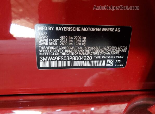 3MW49FS03P8D04220 2023 BMW M3 Red Вид підкапотного простору
