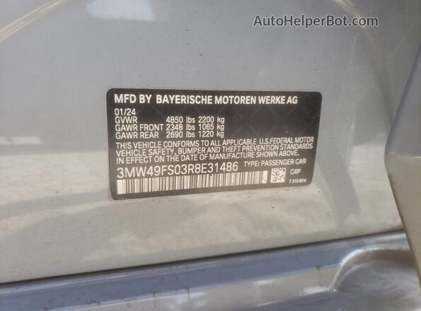 3MW49FS03R8E31486 2024 BMW M3 Gray Vista de la etiqueta del VIN