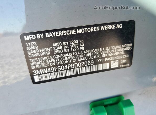 3MW49FS04P8D02069 2023 BMW M3 Silver VIN კოდის სტიკერის ხედი