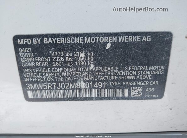 3MW5R7J02M8C01491 2021 BMW 3 SERIES White Vista del compartimento del motor