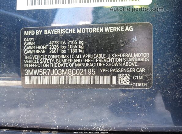 3MW5R7J03M8C02195 2021 BMW 3 SERIES Blue Widok komory silnika