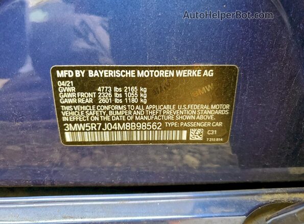 3MW5R7J04M8B98562 2021 BMW 3 SERIES Blue Вид наклейки з VIN-кодом