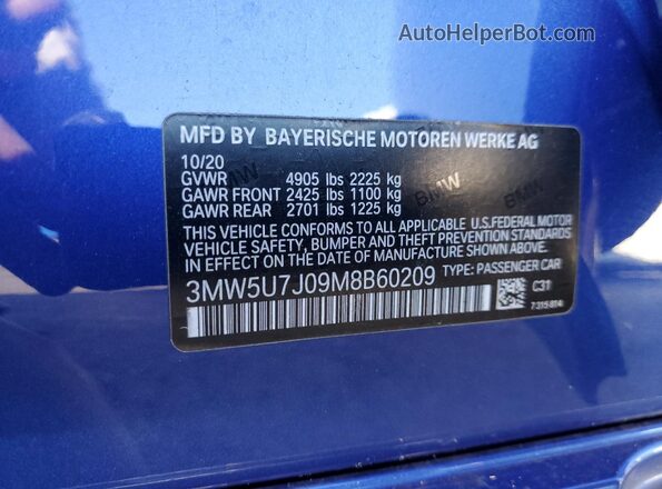 3MW5U7J09M8B60209 2021 BMW M3 Blue VIN კოდის სტიკერის ხედი