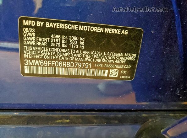 3MW69FF06R8D79791 2024 BMW 3 SERIES Blue VIN sticker view