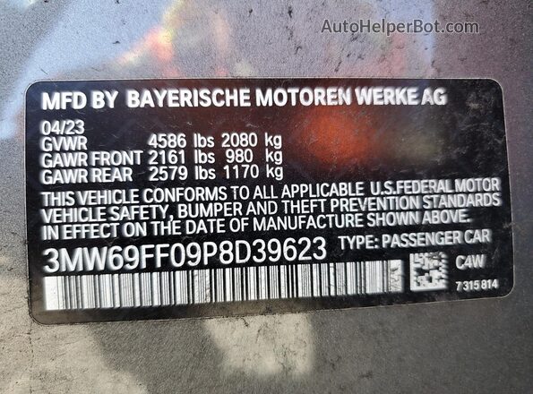 3MW69FF09P8D39623 2023 BMW 3 SERIES Gray Vista de la etiqueta del VIN