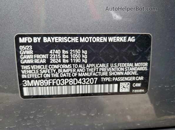 3MW89FF03P8D43207 2023 BMW 3 SERIES Gray Vista de la etiqueta del VIN