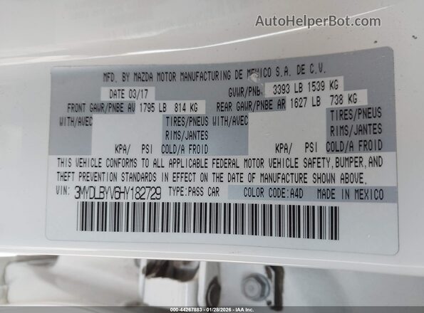 3MYDLBYV6HY182729 2017 TOYOTA YARIS IA White 