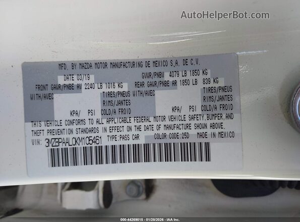 3MZBPAAL0KM105461 2019 MAZDA 3 White Շարժիչի բաժամունքի տեսք