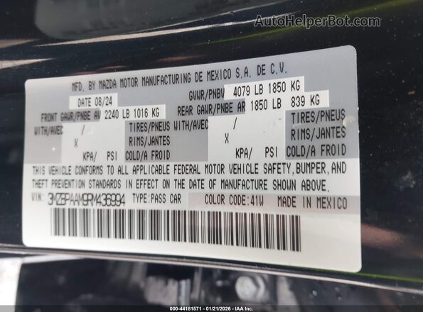 3MZBPAAM9RM436994 2024 MAZDA 3 Black 