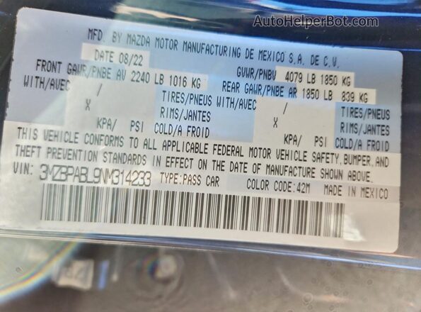 3MZBPABL9NM314233 2022 MAZDA 3 Blue Vista del compartimento del motor
