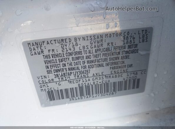 3N1AB7AP1JY304287 2018 NISSAN SENTRA White Вид підкапотного простору