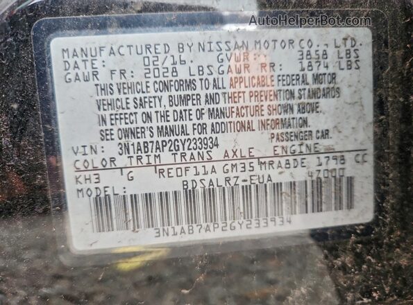 3N1AB7AP2GY233934 2016 NISSAN SENTRA Black Widok naklejki z numerem VIN