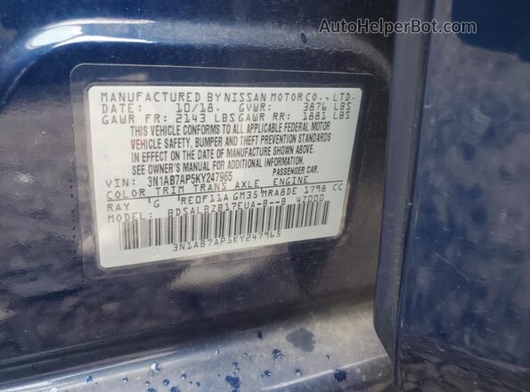3N1AB7AP5KY247965 2019 NISSAN SENTRA Blue ძრავის განყოფილების ხედი