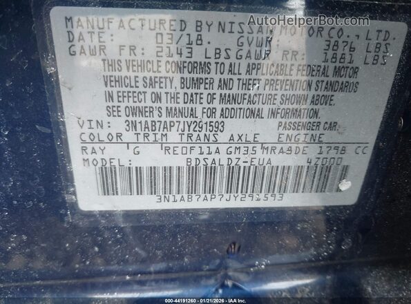 3N1AB7AP7JY291593 2018 NISSAN SENTRA Blue ძრავის განყოფილების ხედი