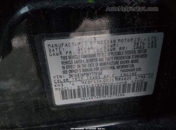 3N1AB7AP9KY279186 2019 NISSAN SENTRA Black Engine compartment view