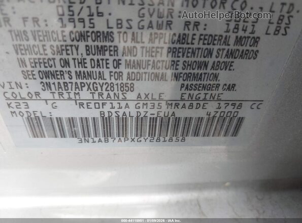3N1AB7APXGY281858 2016 NISSAN SENTRA Silver Вид підкапотного простору