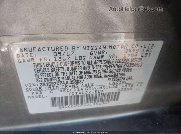 3N1CE2CP4JL356087 2018 NISSAN VERSA NOTE Gray Вид підкапотного простору