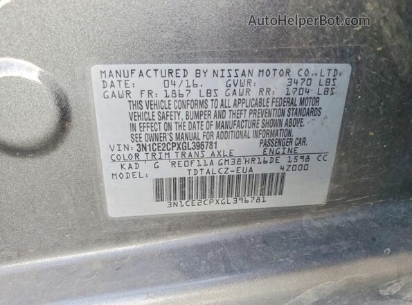 3N1CE2CPXGL396781 2016 NISSAN VERSA Gray Widok komory silnika