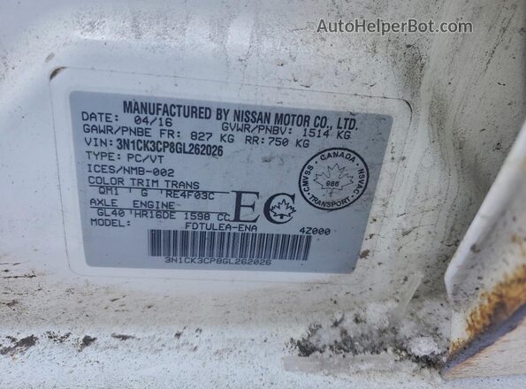 3N1CK3CP8GL262026 2016 NISSAN MICRA White 