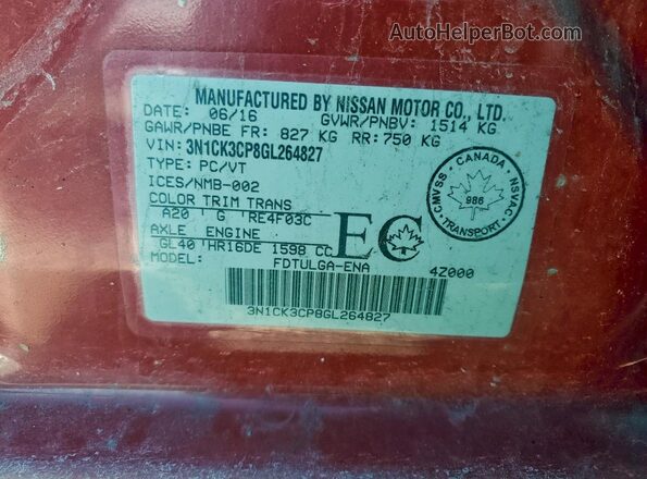 3N1CK3CP8GL264827 2016 NISSAN MICRA Red 