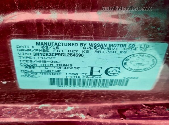 3N1CK3CP9GL254596 2016 NISSAN MICRA Red 