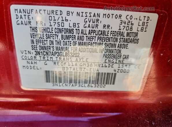 3N1CN7AP3GL863202 2016 NISSAN VERSA Red Widok naklejki z numerem VIN
