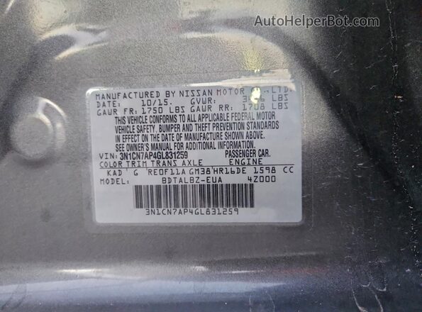 3N1CN7AP4GL831259 2016 NISSAN VERSA Gray VIN sticker view