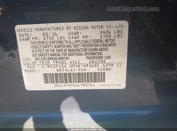 3N1CN7AP6GL900761 2016 NISSAN VERSA Blue Vista del compartimento del motor