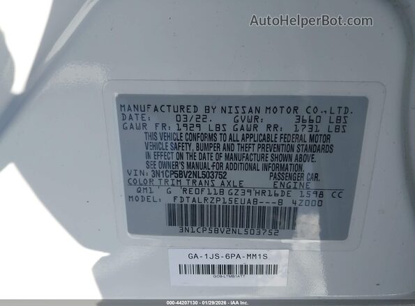 3N1CP5BV2NL503752 2022 NISSAN KICKS White Вид підкапотного простору