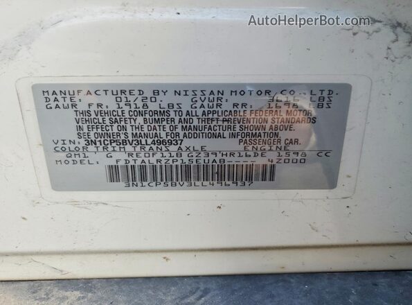 3N1CP5BV3LL496937 2020 NISSAN KICKS White VIN կոդի պիտակի տեսք