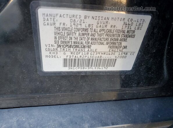 3N1CP5BV3ML536192 2021 NISSAN KICKS Black Widok naklejki z numerem VIN