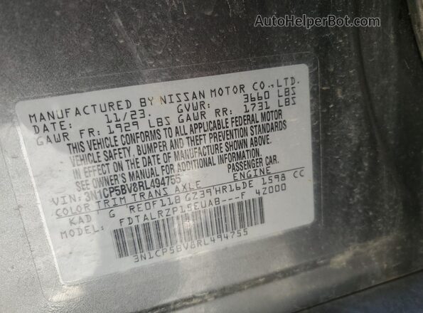3N1CP5BV8RL494755 2024 NISSAN KICKS Gray Widok naklejki z numerem VIN