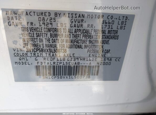 3N1CP5BVXSL500738 2025 NISSAN KICKS PLAY White Շարժիչի բաժամունքի տեսք