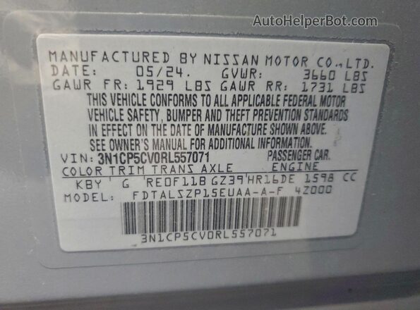 3N1CP5CV0RL557071 2024 NISSAN KICKS Gray VIN კოდის სტიკერის ხედი