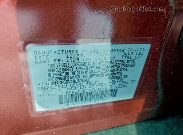3N1CP5CV4RL509542 2024 NISSAN KICKS Red VIN sticker view