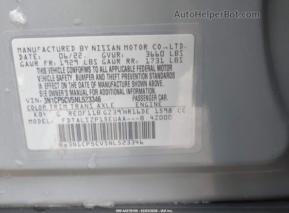 3N1CP5CV5NL523346 2022 NISSAN KICKS Gray Widok komory silnika