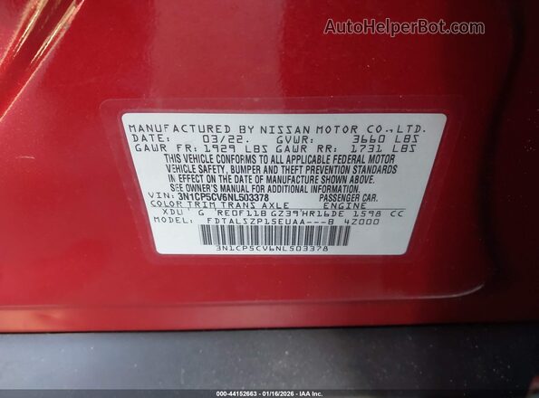 3N1CP5CV6NL503378 2022 NISSAN KICKS Burgundy 