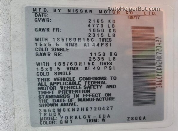 3N6CM0KN2HK720427 2017 NISSAN NV200 Белый Вид наклейки с VIN-кодом