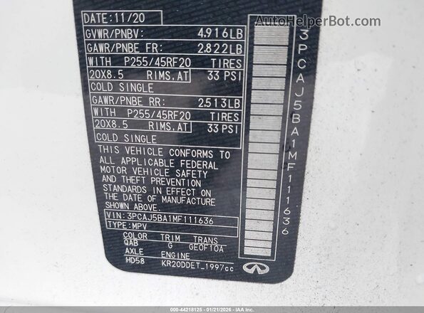 3PCAJ5BA1MF111636 2021 INFINITI QX50 White Вид підкапотного простору