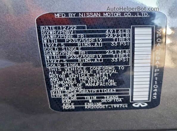 3PCAJ5BA1PF110443 2023 INFINITI QX50 Gray Vista interior de 360 grados