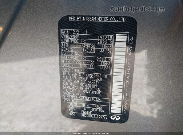 3PCAJ5BA4NF110336 2022 INFINITI QX50 Gray Engine compartment view