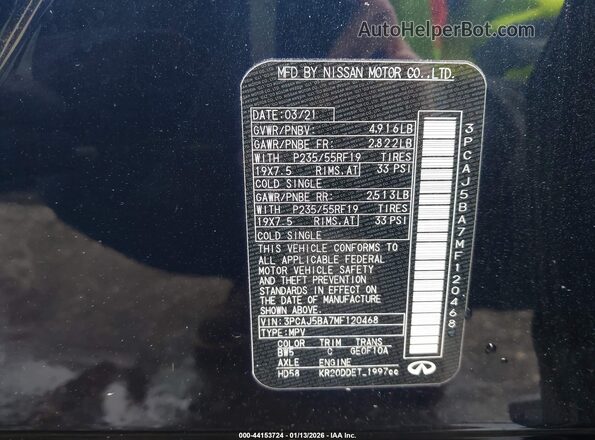 3PCAJ5BA7MF120468 2021 INFINITI QX50 Синий 