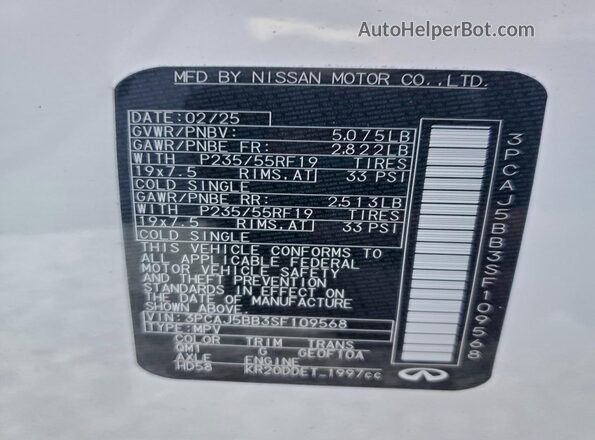 3PCAJ5BB3SF109568 2025 INFINITI QX50 White Vista de la etiqueta del VIN