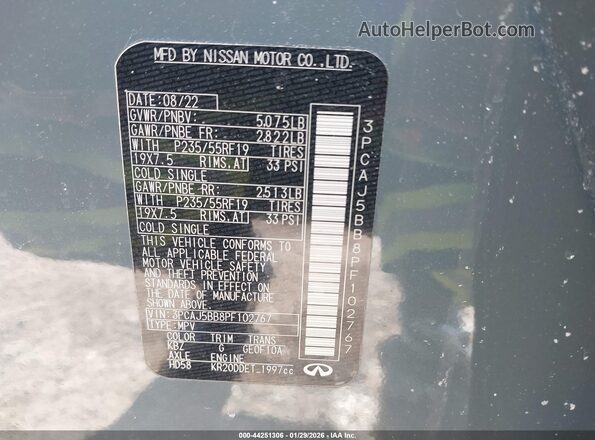 3PCAJ5BB8PF102767 2023 INFINITI QX50 Gray Вид підкапотного простору