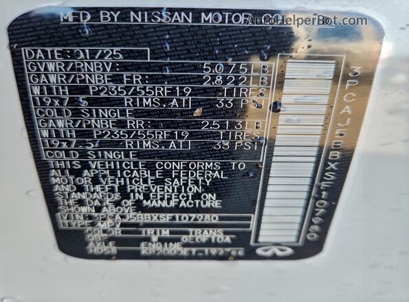 3PCAJ5BBXSF107980 2025 INFINITI QX50 White Vista de la etiqueta del VIN