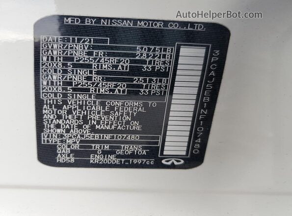 3PCAJ5EB1NF107480 2022 INFINITI QX50 White 360 interior view