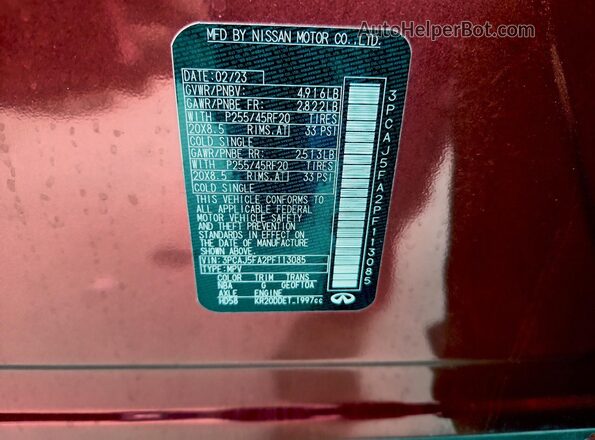 3PCAJ5FA2PF113085 2023 INFINITI QX50 Red VIN კოდის სტიკერის ხედი