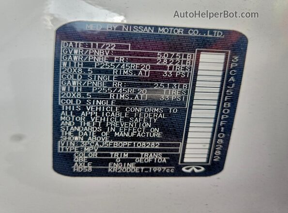 3PCAJ5FB0PF108282 2023 INFINITI QX50 White Vista del compartimento del motor