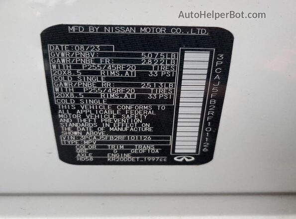 3PCAJ5FB2RF101126 2024 INFINITI QX50 White VIN կոդի պիտակի տեսք